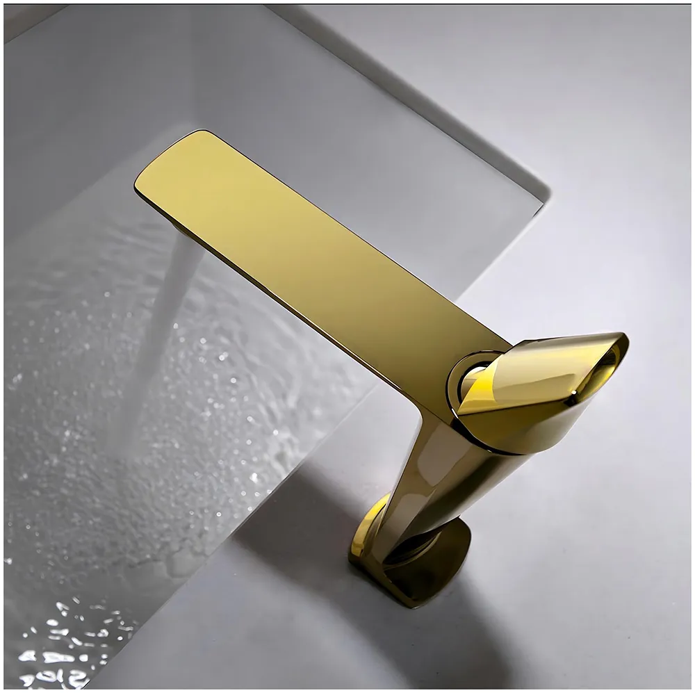 Gold Faucet Tap Mixer Hot and Cold Water Heavy Single Lever Basin Mixer with Ceramic Cartridge for Bathroom Wash Basins - 17.4 Cm x 18.3 Cm Golden - Premium