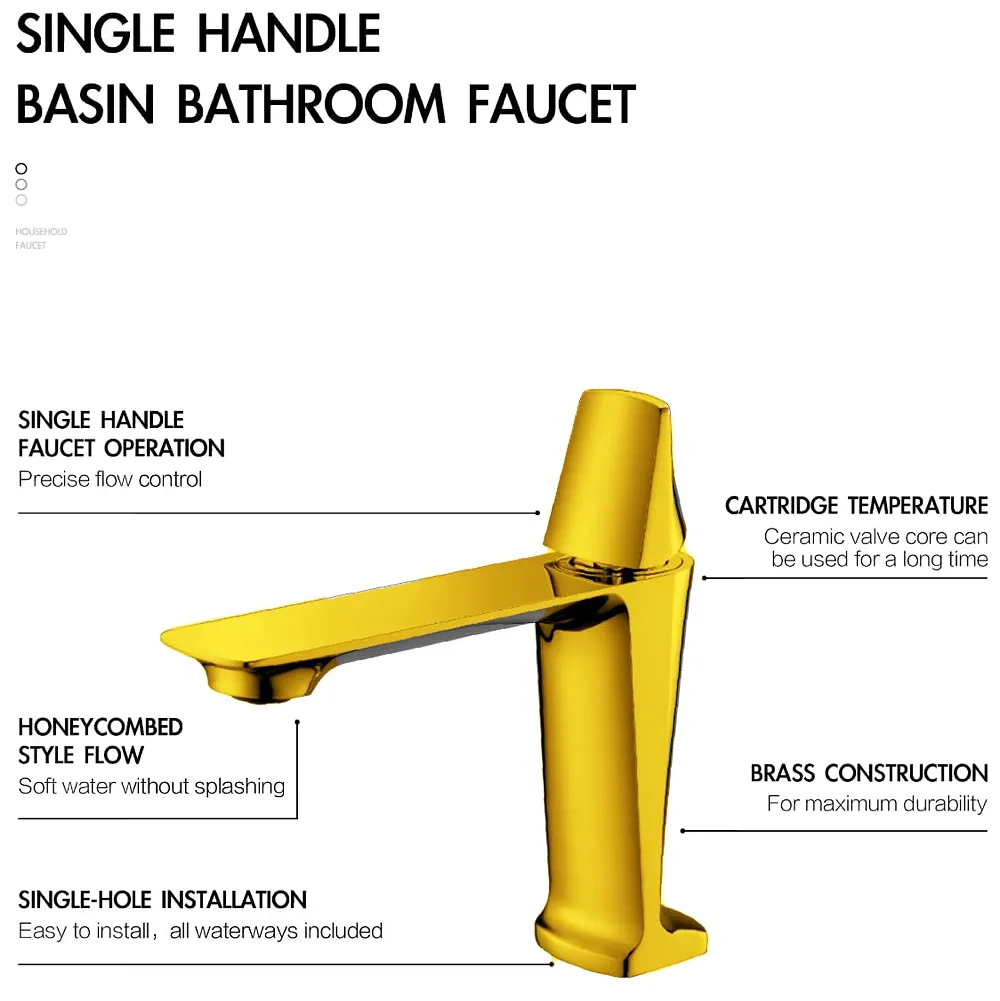 Gold Faucet Tap Mixer Hot and Cold Water Heavy Single Lever Basin Mixer with Ceramic Cartridge for Bathroom Wash Basins - 17.4 Cm x 18.3 Cm Golden - Premium