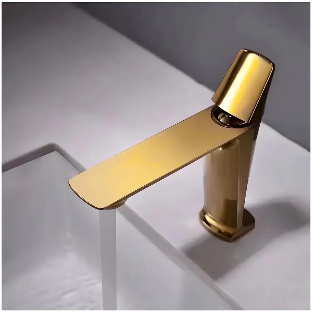 Gold Faucet Tap Mixer Hot and Cold Water Heavy Single Lever Basin Mixer with Ceramic Cartridge for Bathroom Wash Basins - 17.4 Cm x 18.3 Cm Golden - Premium
