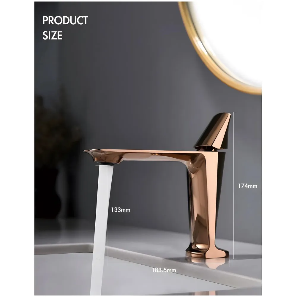 Rose Gold Faucet Tap Mixer Hot and Cold Water Heavy Single Lever Basin Mixer with Ceramic Cartridge for Bathroom Wash Basins - 17.4 Cm x 18.3 Cm