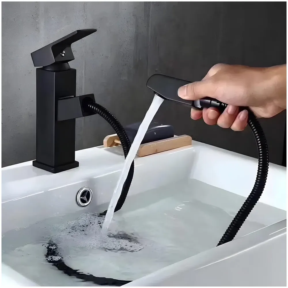 Pull-Out Black Faucet Single Lever Basin Mixer Hot and Cold for Bathroom Toilets Wash Basins Small Black, SS Material, 7 Inches Height Vessel Mounted - 6 Inches Height - 3