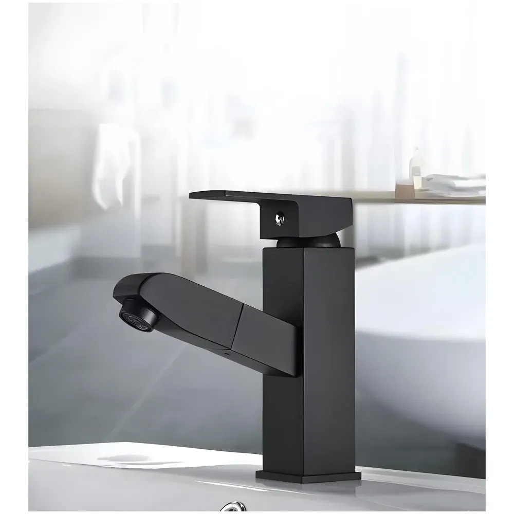 Pull-Out Black Faucet Single Lever Basin Mixer Hot and Cold for Bathroom Toilets Wash Basins Small Black, SS Material, 7 Inches Height Vessel Mounted - 6 Inches Height - 6