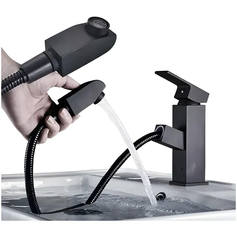 Pull-Out Black Faucet Single Lever Basin Mixer Hot and Cold for Bathroom Toilets Wash Basins Small Black, SS Material, 7 Inches Height Vessel Mounted - 6 Inches Height