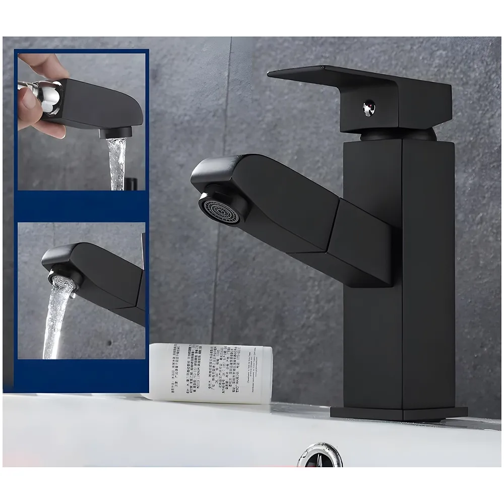 Pull-Out Black Faucet Single Lever Basin Mixer Hot and Cold for Bathroom Toilets Wash Basins Small Black, SS Material, 7 Inches Height Vessel Mounted - 6 Inches Height Premium