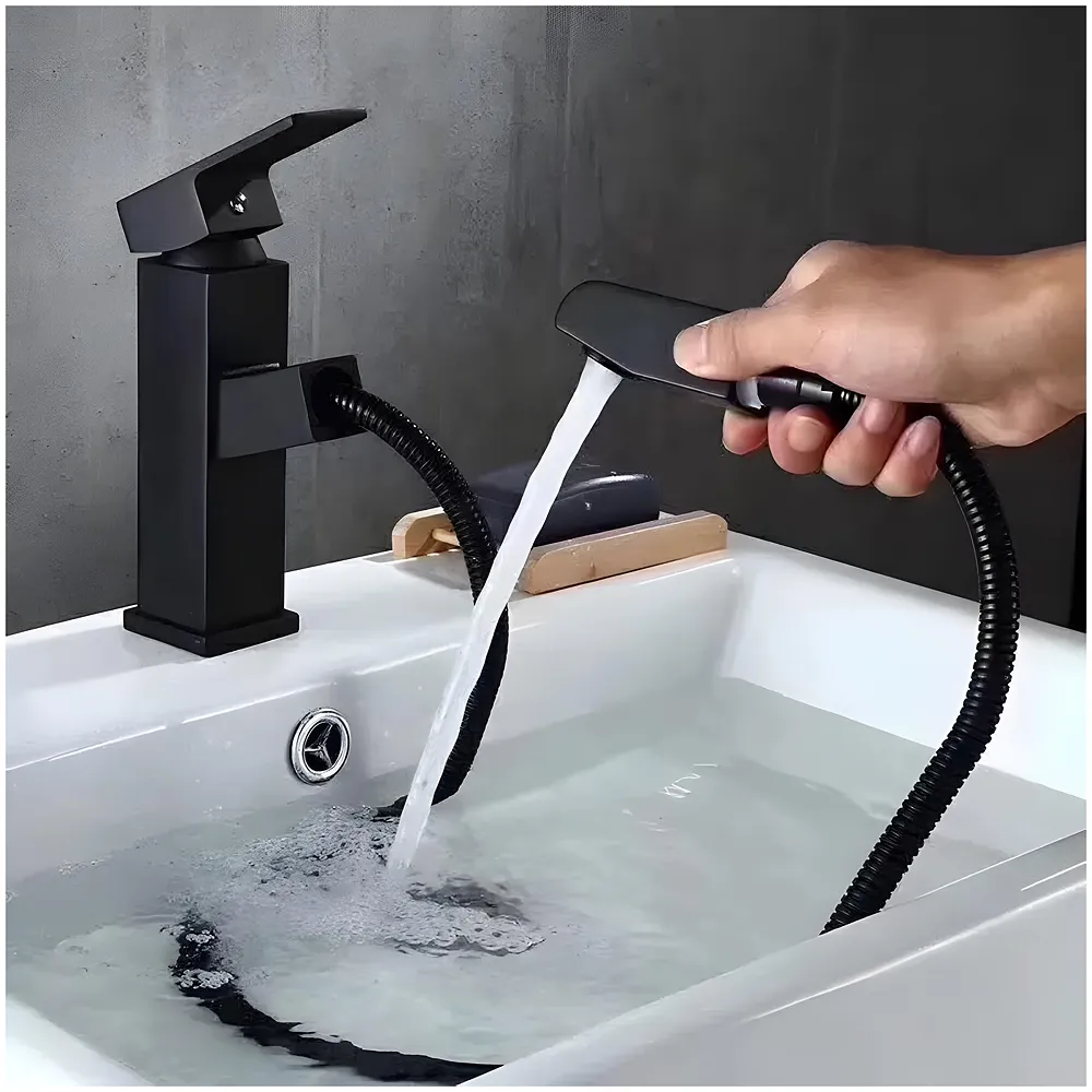 Pull-Out Black Faucet Single Lever Basin Mixer Hot and Cold for Bathroom Toilets Wash Basins Small Black, SS Material, 7 Inches Height Vessel Mounted - 6 Inches Height Premium