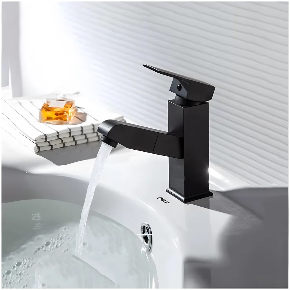 Pull-Out Black Faucet Single Lever Basin Mixer Hot and Cold for Bathroom Toilets Wash Basins Small Black, SS Material, 7 Inches Height Vessel Mounted - 6 Inches Height Premium