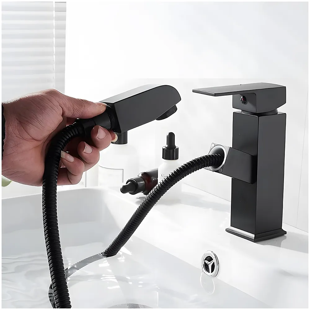 Pull-Out Black Faucet Single Lever Basin Mixer Hot and Cold for Bathroom Toilets Wash Basins Small Black, SS Material, 7 Inches Height Vessel Mounted - 6 Inches Height Premium
