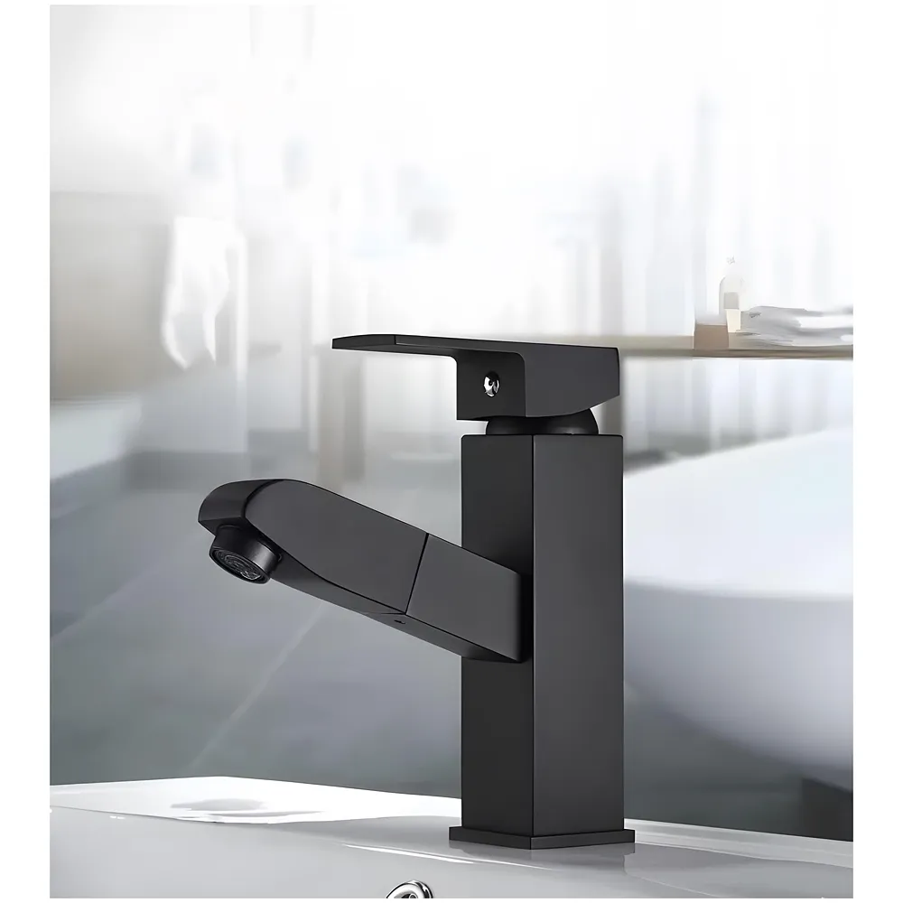Pull-Out Black Faucet Single Lever Basin Mixer Hot and Cold for Bathroom Toilets Wash Basins Small Black, SS Material, 7 Inches Height Vessel Mounted - 6 Inches Height Premium