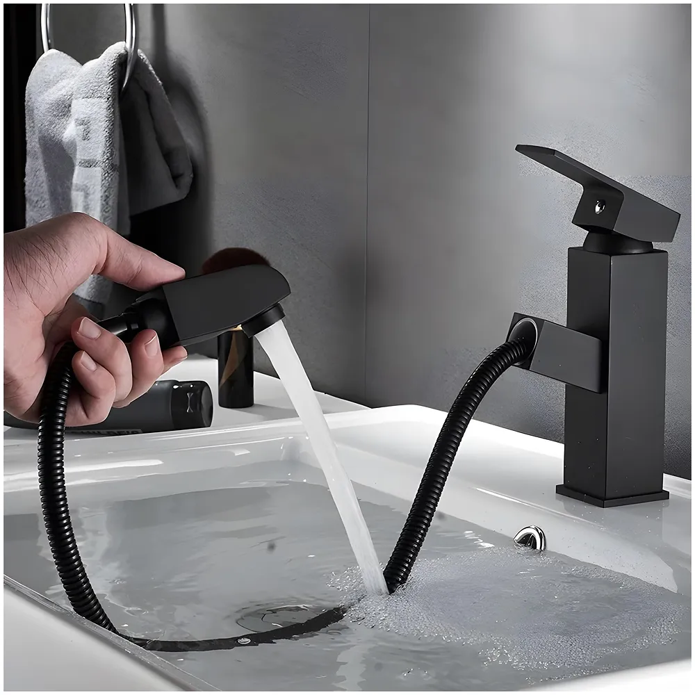 Pull-Out Black Faucet Single Lever Basin Mixer Hot and Cold for Bathroom Toilets Wash Basins Small Black, SS Material, 7 Inches Height Vessel Mounted - 6 Inches Height Premium