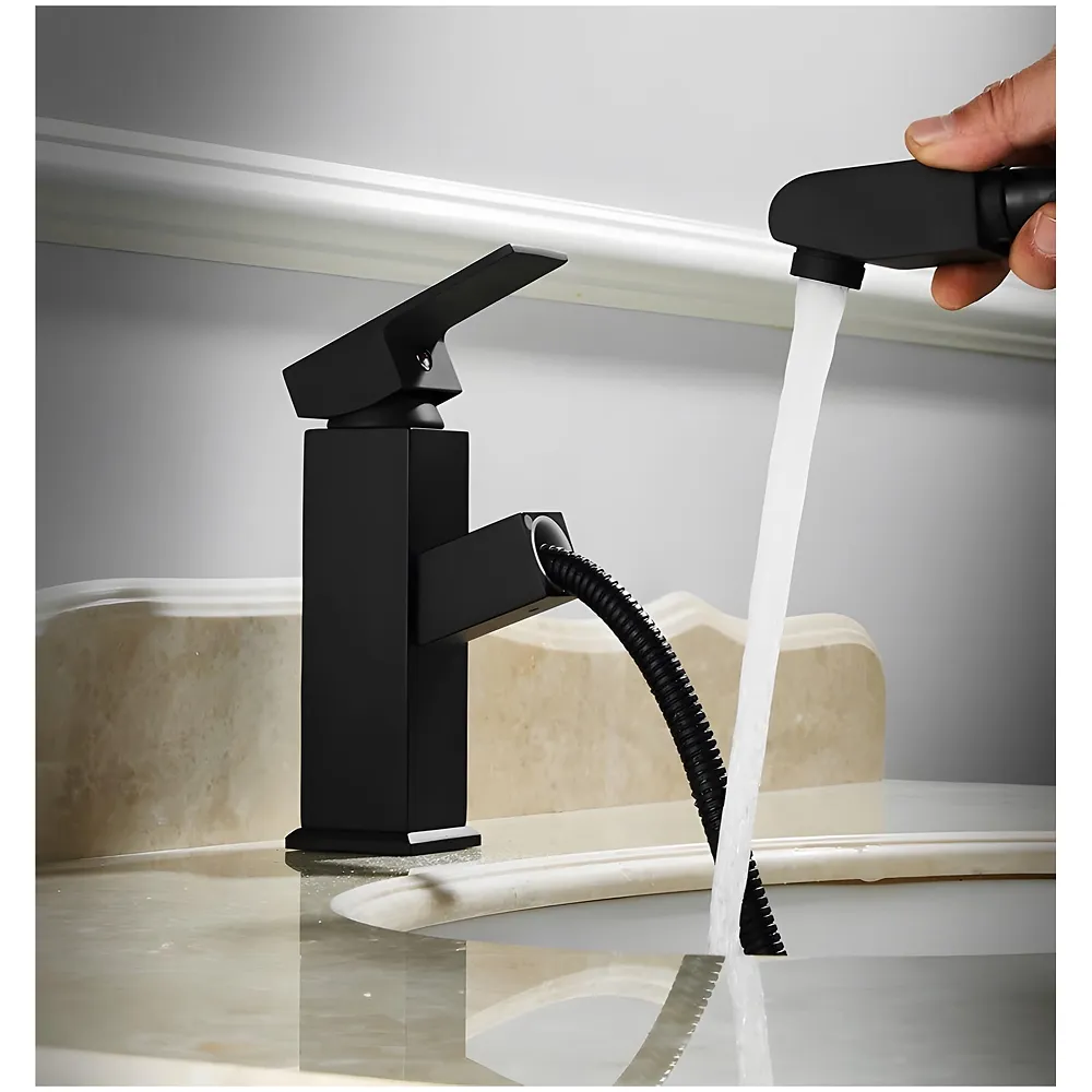 Pull-Out Black Faucet Single Lever Basin Mixer Hot and Cold for Bathroom Toilets Wash Basins Small Black, SS Material, 7 Inches Height Vessel Mounted - 6 Inches Height Premium