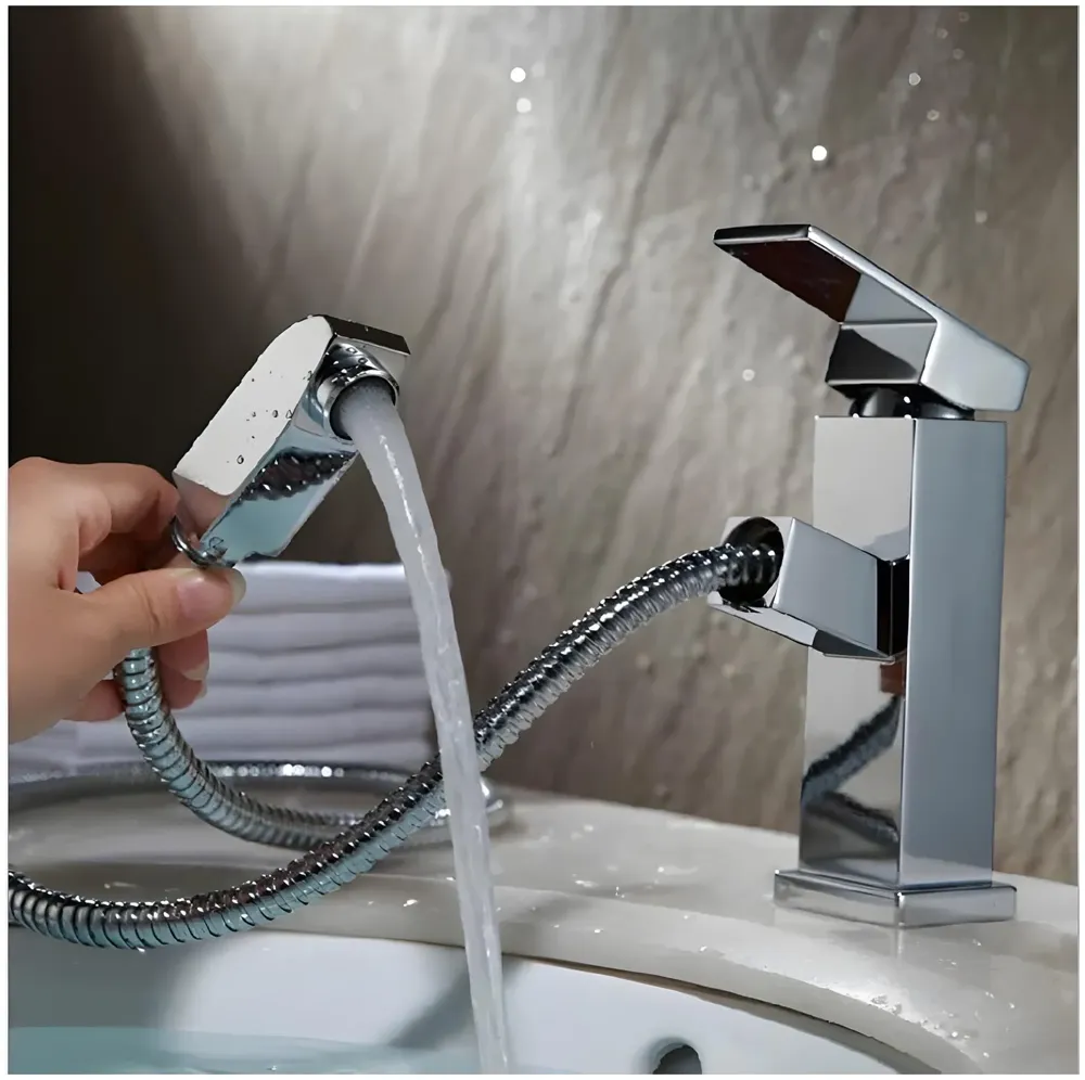 Pull-Out Silver Chrome Faucet Single Lever Basin Mixer Hot and Cold for Bathroom Toilets Wash Basins Small, SS Material, Vessel Mounted - 6 Inches Height