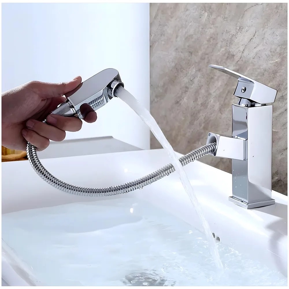Pull-Out Silver Chrome Faucet Single Lever Basin Mixer Hot and Cold for Bathroom Toilets Wash Basins Small, SS Material, Vessel Mounted - 6 Inches Height Premium