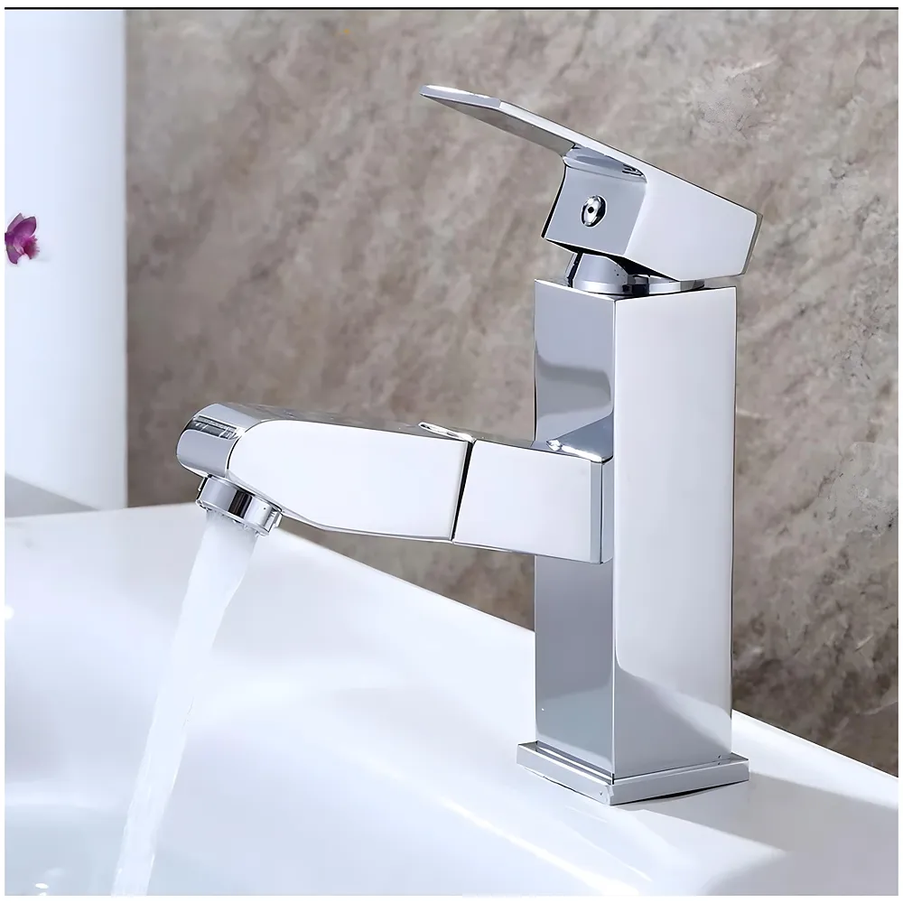 Pull-Out Silver Chrome Faucet Single Lever Basin Mixer Hot and Cold for Bathroom Toilets Wash Basins Small, SS Material, Vessel Mounted - 6 Inches Height Premium