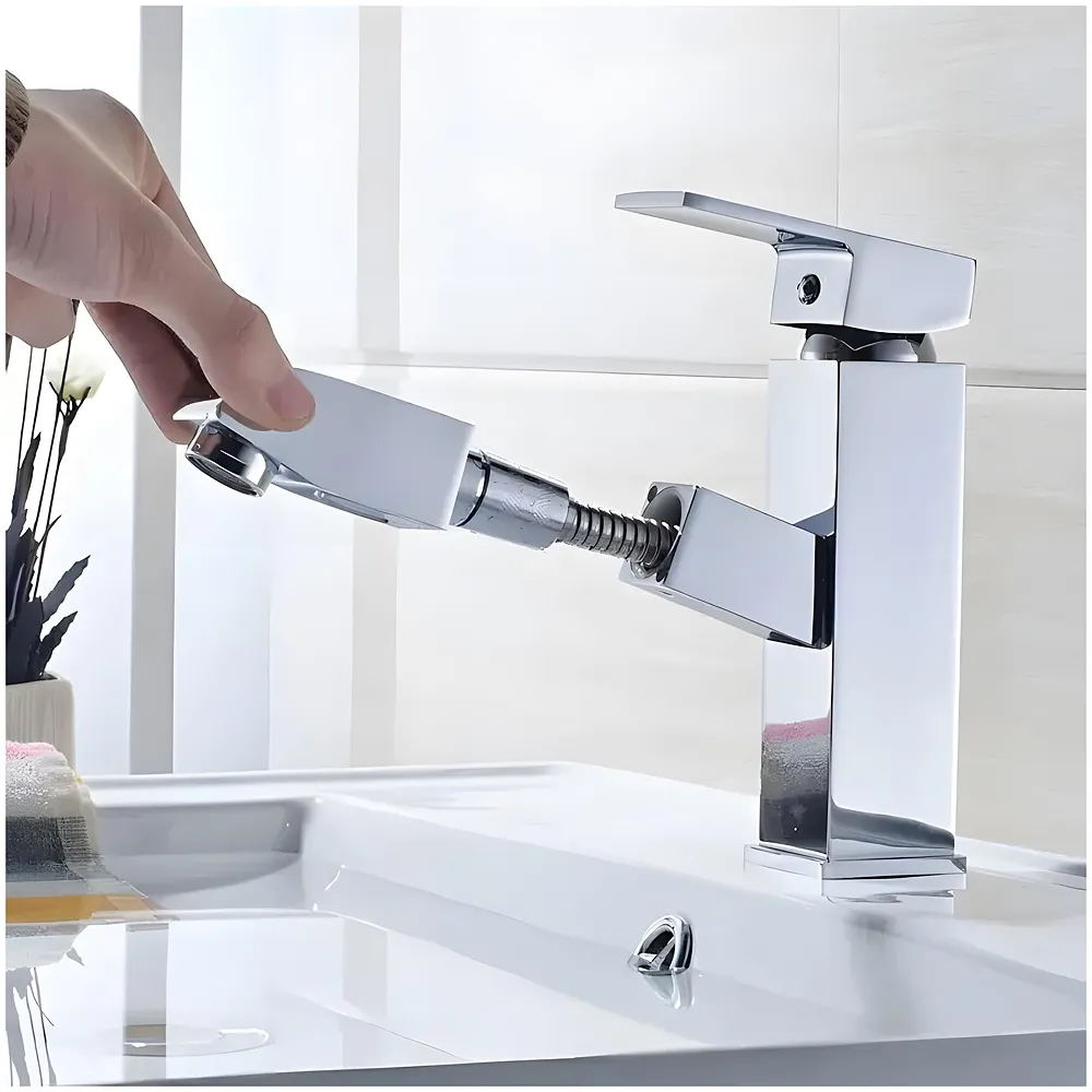 Pull-Out Silver Chrome Faucet Single Lever Basin Mixer Hot and Cold for Bathroom Toilets Wash Basins Small, SS Material, Vessel Mounted - 6 Inches Height Premium
