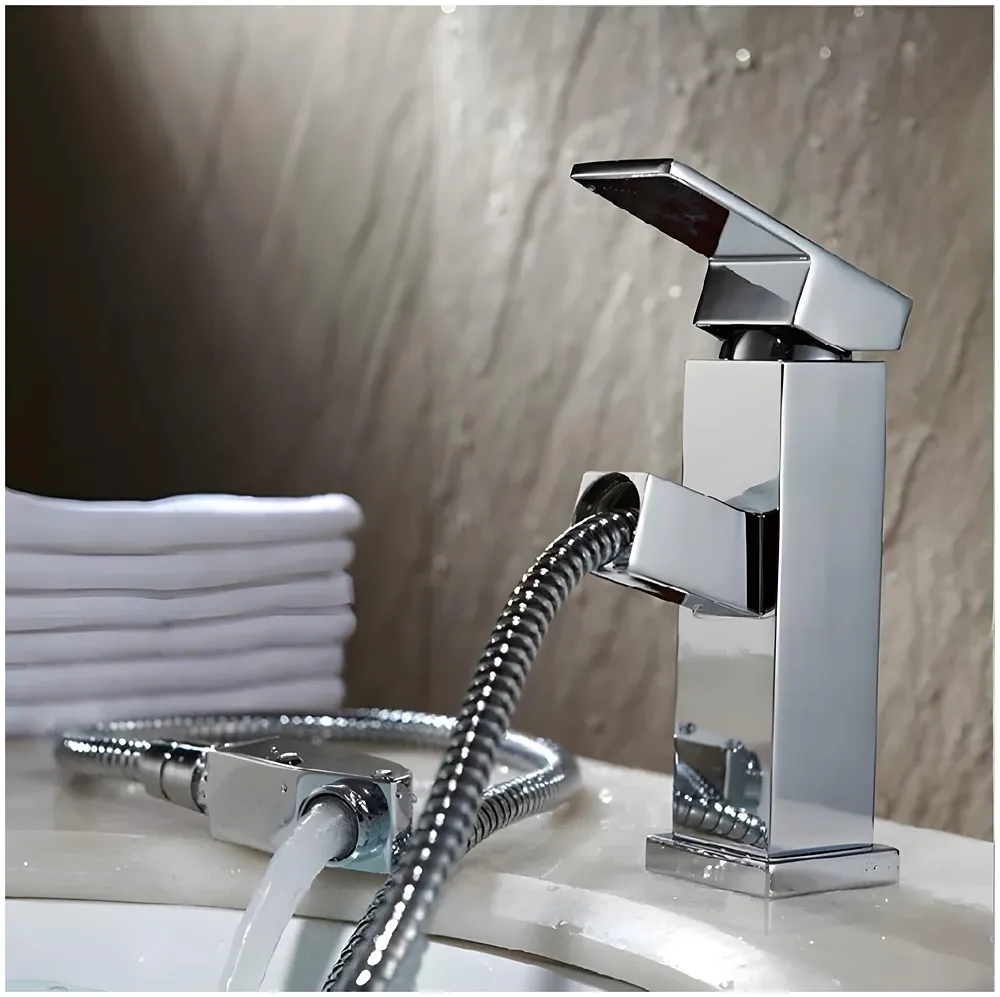 Pull-Out Silver Chrome Faucet Single Lever Basin Mixer Hot and Cold for Bathroom Toilets Wash Basins Small, SS Material, Vessel Mounted - 6 Inches Height Premium