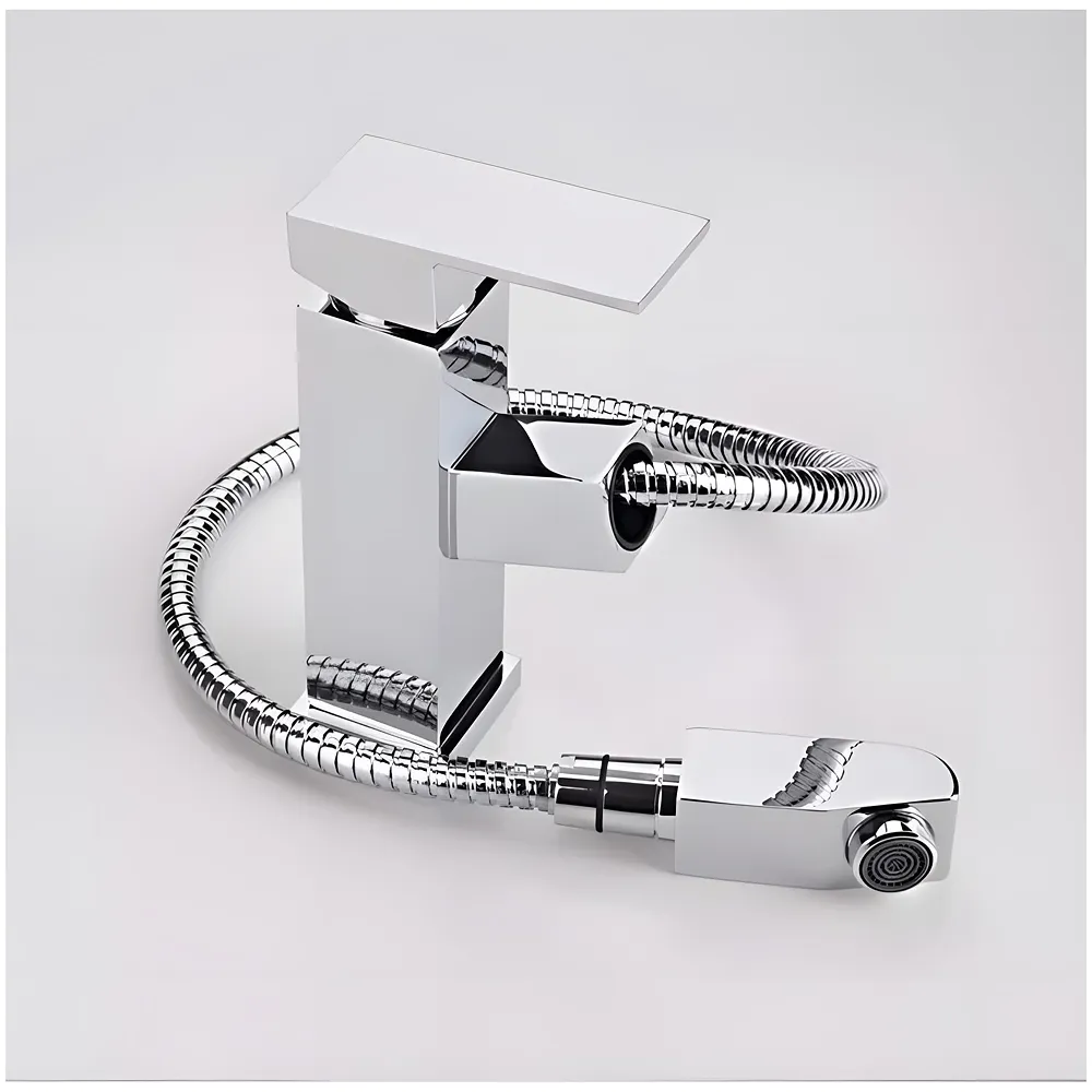 Pull-Out Silver Chrome Faucet Single Lever Basin Mixer Hot and Cold for Bathroom Toilets Wash Basins Small, SS Material, Vessel Mounted - 6 Inches Height Premium