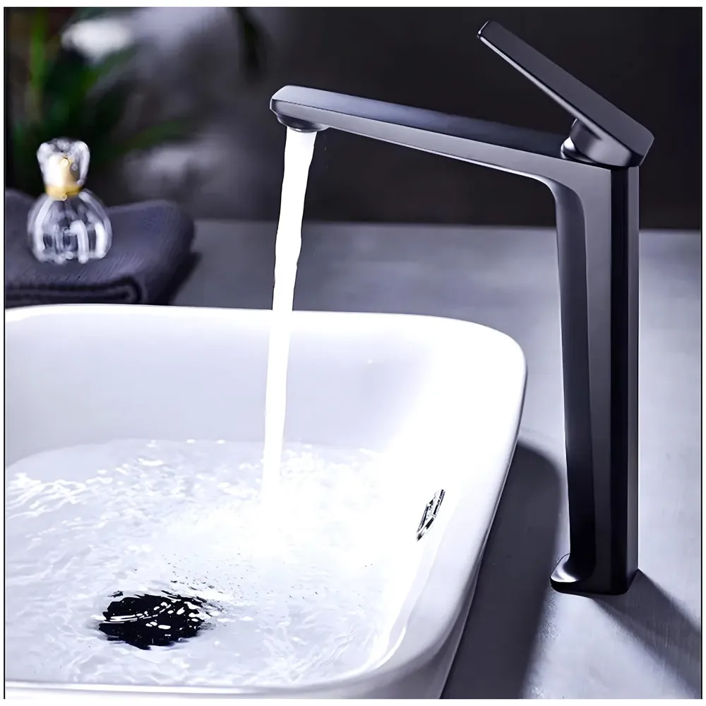 Black Tall Faucet Tap Mixer Hot and Cold Water Heavy Single Lever Basin Mixer with Ceramic Cartridge for Bathroom Wash Basins - 30 Cm x 20 Cm Black