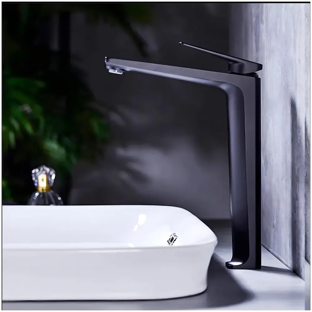 Black Tall Faucet Tap Mixer Hot and Cold Water Heavy Single Lever Basin Mixer with Ceramic Cartridge for Bathroom Wash Basins - 30 Cm x 20 Cm Black