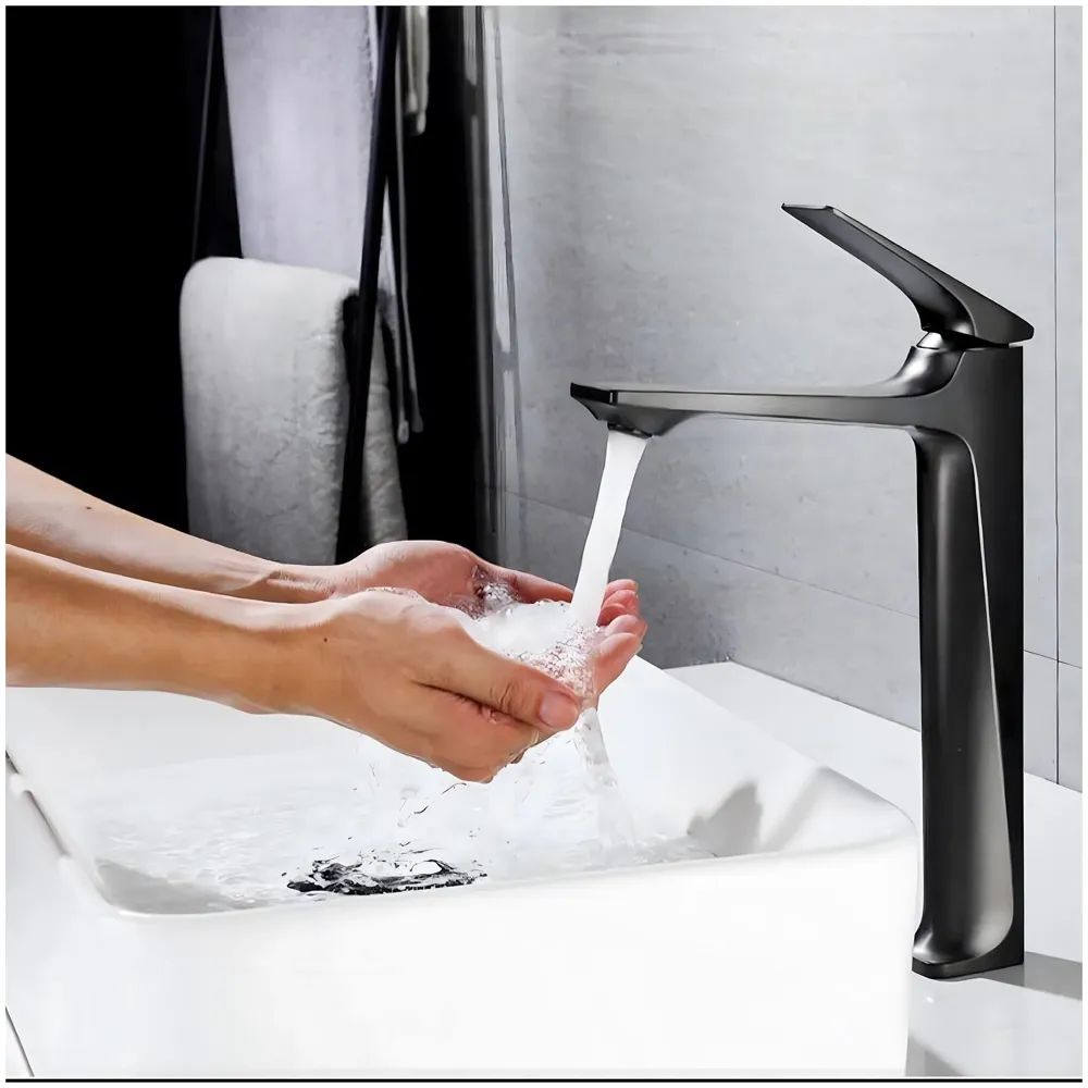 Black Tall Faucet Tap Mixer Hot and Cold Water Heavy Single Lever Basin Mixer with Ceramic Cartridge for Bathroom Wash Basins - 30 Cm x 20 Cm Black - Premium