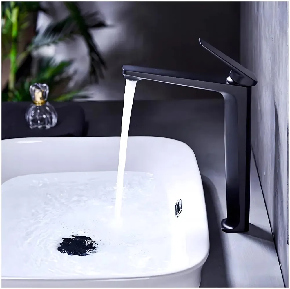 Black Tall Faucet Tap Mixer Hot and Cold Water Heavy Single Lever Basin Mixer with Ceramic Cartridge for Bathroom Wash Basins - 30 Cm x 20 Cm Black - Premium