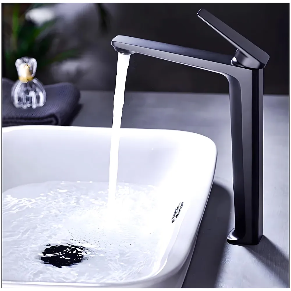Black Tall Faucet Tap Mixer Hot and Cold Water Heavy Single Lever Basin Mixer with Ceramic Cartridge for Bathroom Wash Basins - 30 Cm x 20 Cm Black - Premium