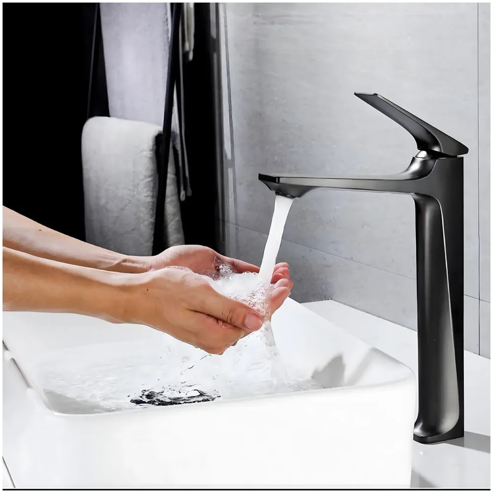 Tall Black Faucet Tap Mixer Hot and Cold Water Heavy Single Lever Basin Mixer with Ceramic Cartridge for Bathroom Wash Basins - 30 Cm x 20 Cm Black