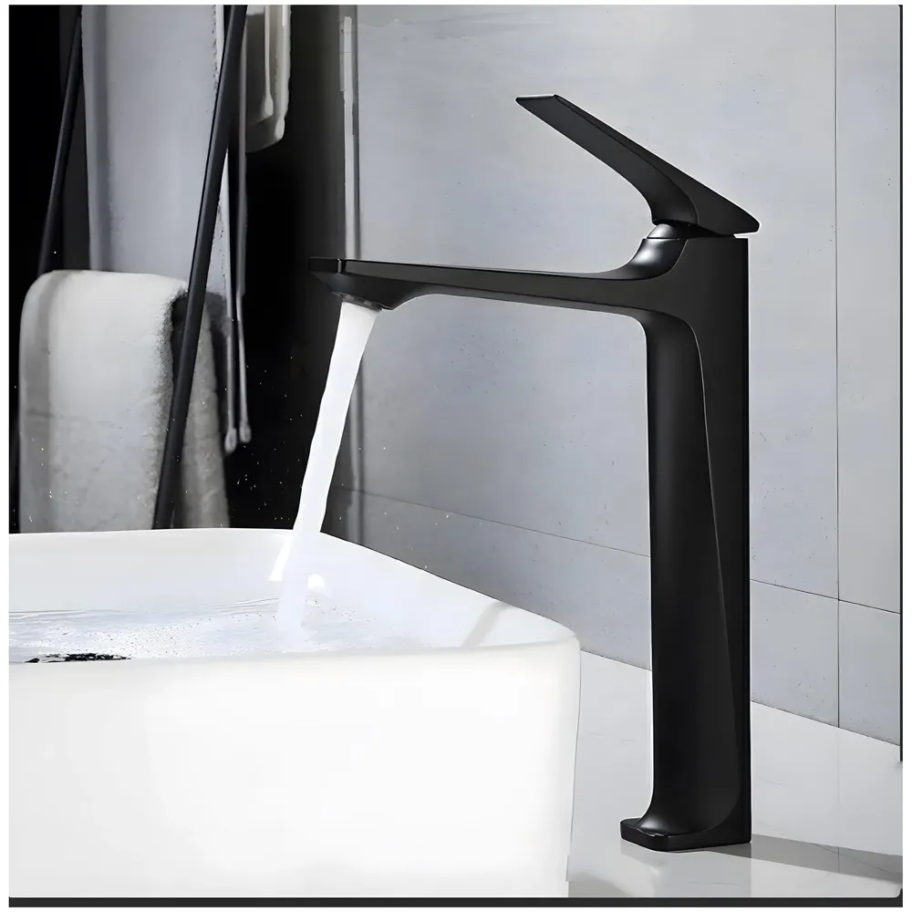 Tall Black Faucet Tap Mixer Hot and Cold Water Heavy Single Lever Basin Mixer with Ceramic Cartridge for Bathroom Wash Basins - 30 Cm x 20 Cm Black - 9