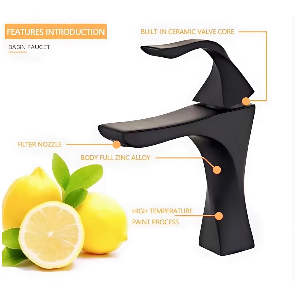 Black Faucet Tap Mixer Hot and Cold Water Twist Heavy Single Lever Basin Mixer with Ceramic Cartridge for Bathroom Wash Basins - 8.6 inch x 6.7 inch Matt Black