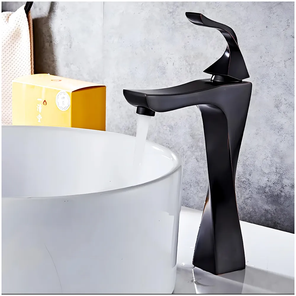 Tall Black Faucet Tap Mixer Hot and Cold Water Twist Heavy Single Lever Basin Mixer with Ceramic Cartridge for Bathroom Wash Basins - 12 inch x 6.7 inch Matt Black Premium