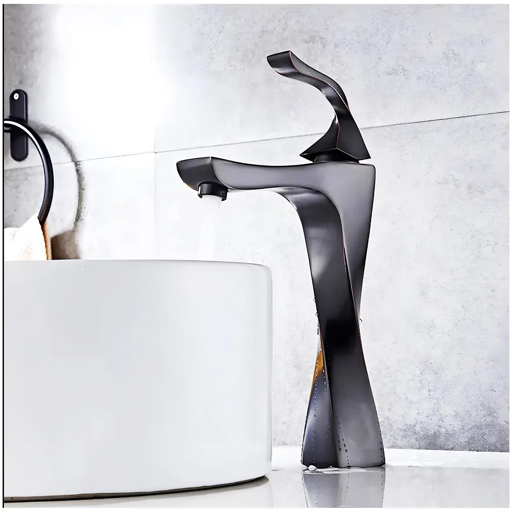 Tall Black Faucet Tap Mixer Hot and Cold Water Twist Heavy Single Lever Basin Mixer with Ceramic Cartridge for Bathroom Wash Basins - 12 inch x 6.7 inch Matt Black Premium