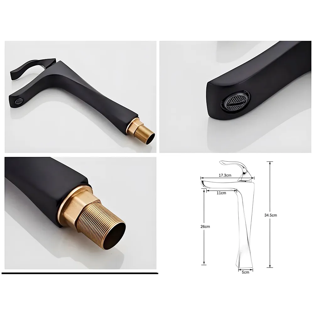 Tall Black Faucet Tap Mixer Hot and Cold Water Twist Heavy Single Lever Basin Mixer with Ceramic Cartridge for Bathroom Wash Basins - 12 inch x 6.7 inch Matt Black Premium