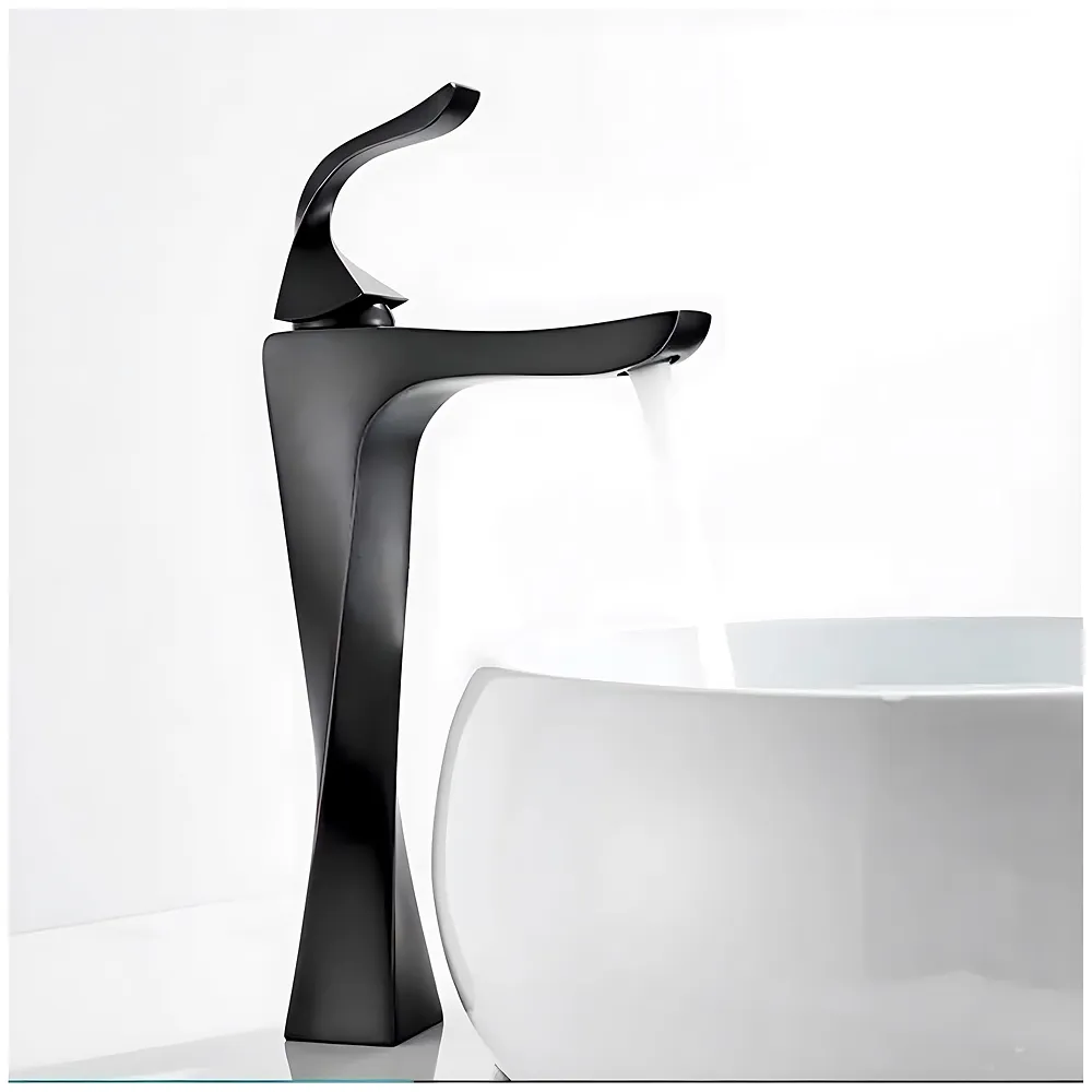 Tall Black Faucet Tap Mixer Hot and Cold Water Twist Heavy Single Lever Basin Mixer with Ceramic Cartridge for Bathroom Wash Basins - 12 inch x 6.7 inch Matt Black Premium