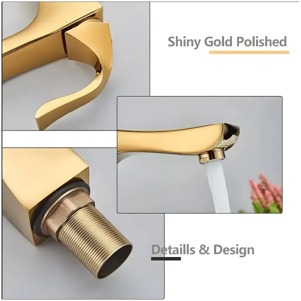 Gold Faucet Tap Mixer Hot and Cold Water Heavy Single Lever Basin Mixer 7 inches with Connector Pipes and Ceramic Cartridge for Bathroom Wash Basins - 22cm x 17cm Golden Twist