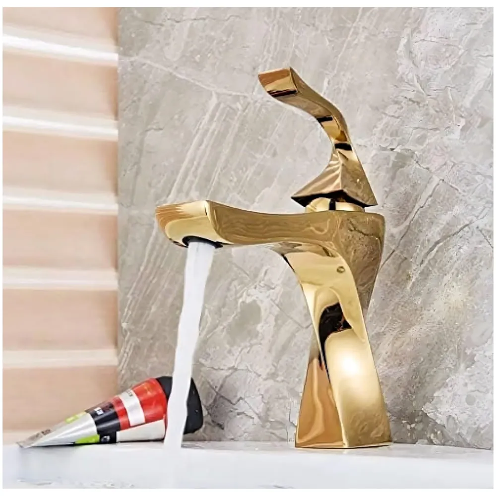 Gold Faucet Tap Mixer Hot and Cold Water Heavy Single Lever Basin Mixer 7 inches with Connector Pipes and Ceramic Cartridge for Bathroom Wash Basins - 22cm x 17cm Golden Twist
