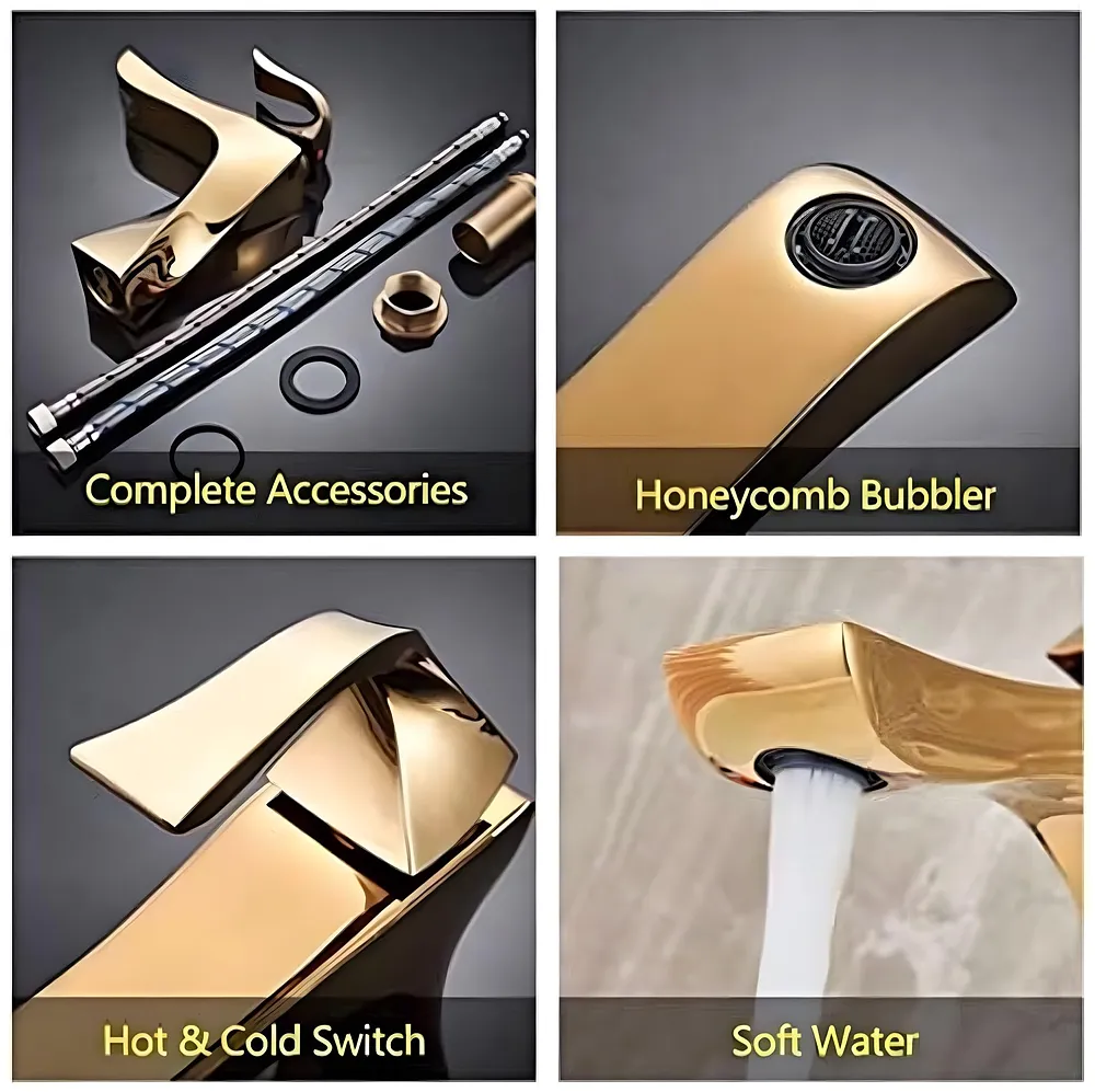 Gold Faucet Tap Mixer Hot and Cold Water Heavy Single Lever Basin Mixer 7 inches with Connector Pipes and Ceramic Cartridge for Bathroom Wash Basins - 22cm x 17cm Golden Twist Premium