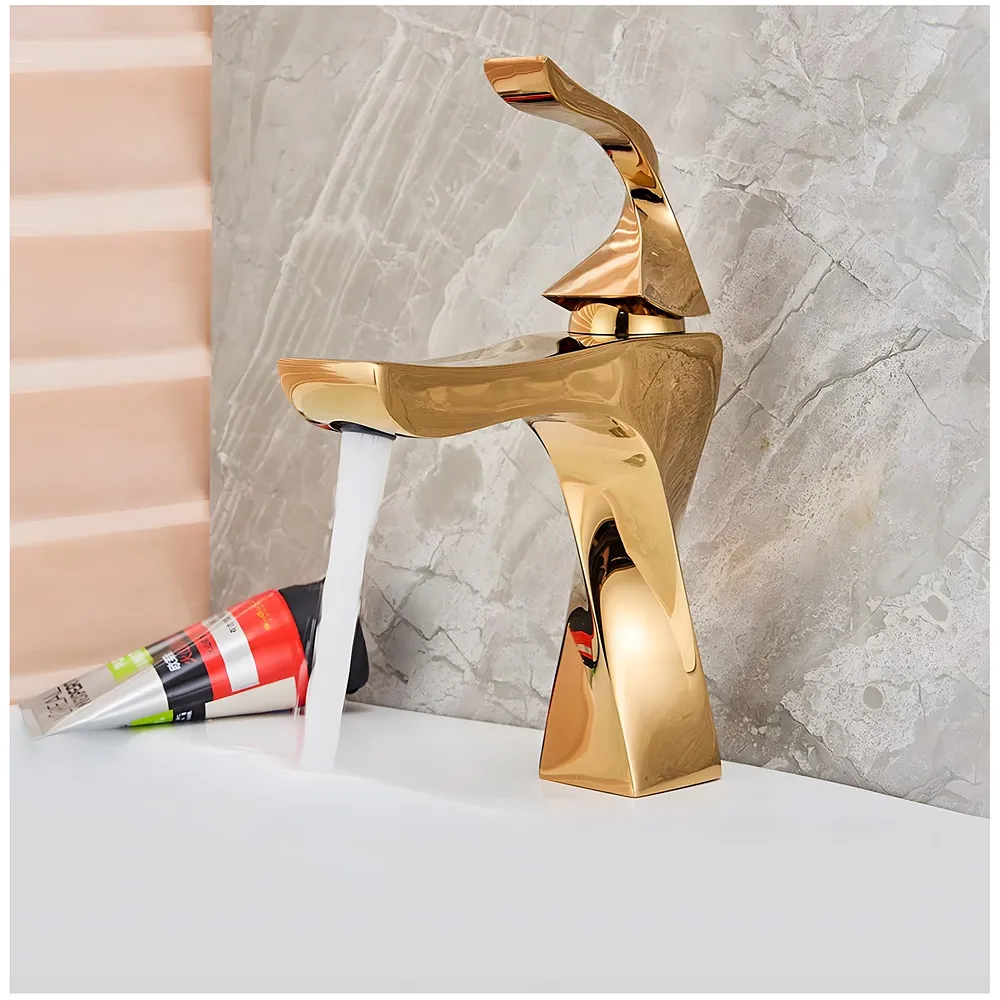 Gold Faucet Tap Mixer Hot and Cold Water Heavy Single Lever Basin Mixer 7 inches with Connector Pipes and Ceramic Cartridge for Bathroom Wash Basins - 22cm x 17cm Golden Twist Premium