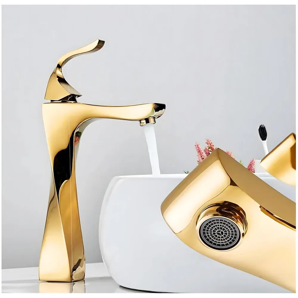 Twist Gold Faucet Tap Mixer Hot and Cold Water Heavy Single Lever Basin Mixer 12 inches with Connector Pipes and Ceramic Cartridge for Bathroom Wash Basins - 30cm x 17 cm Golden