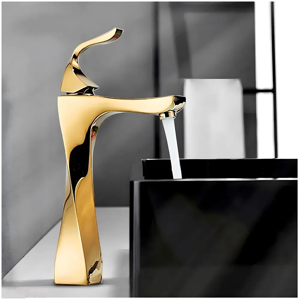 Twist Gold Faucet Tap Mixer Hot and Cold Water Heavy Single Lever Basin Mixer 12 inches with Connector Pipes and Ceramic Cartridge for Bathroom Wash Basins - 30cm x 17 cm Golden Premium