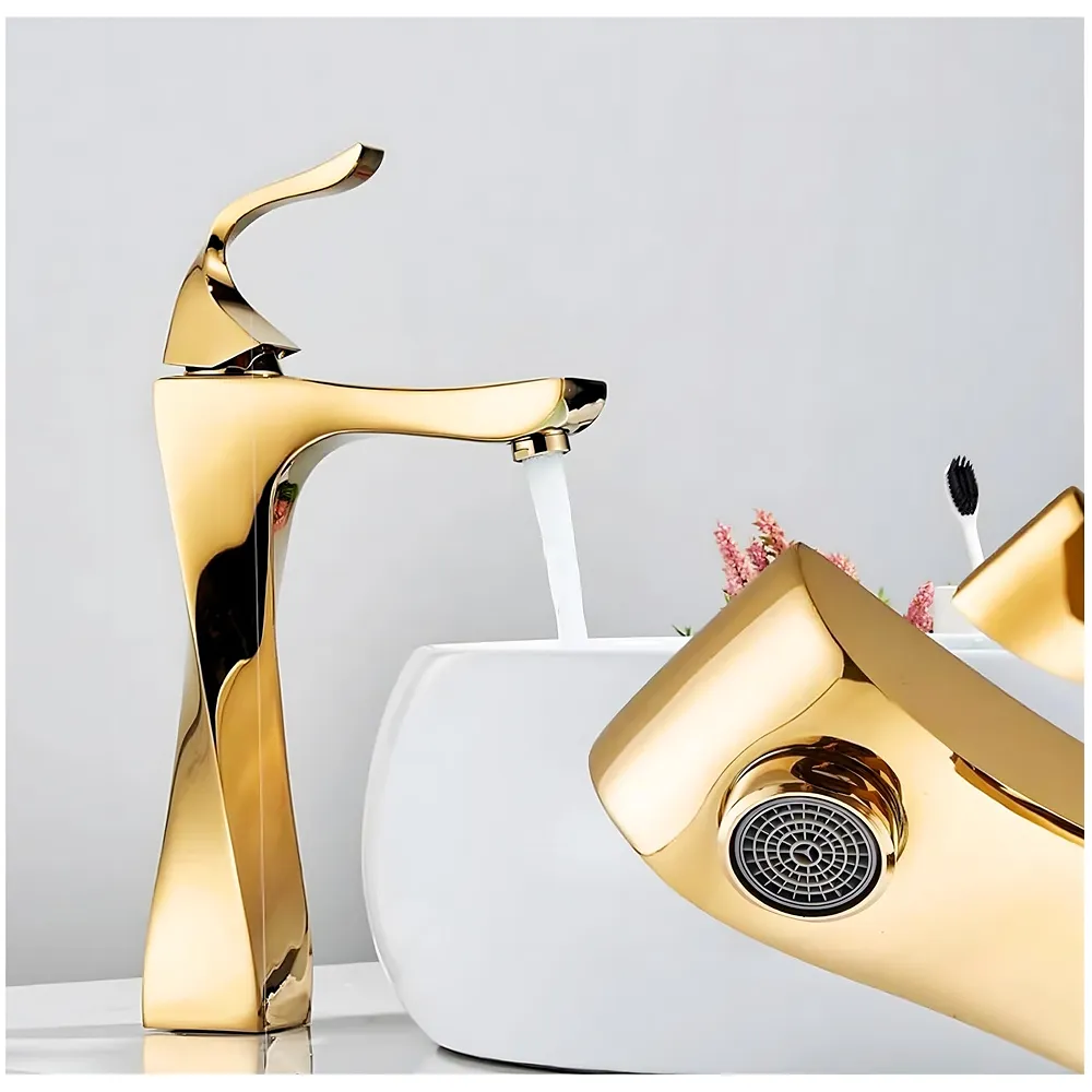 Twist Gold Faucet Tap Mixer Hot and Cold Water Heavy Single Lever Basin Mixer 12 inches with Connector Pipes and Ceramic Cartridge for Bathroom Wash Basins - 30cm x 17 cm Golden Premium