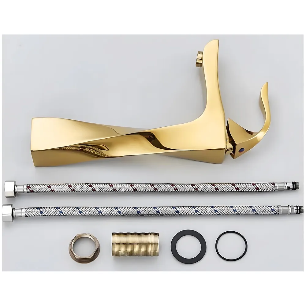 Twist Gold Faucet Tap Mixer Hot and Cold Water Heavy Single Lever Basin Mixer 12 inches with Connector Pipes and Ceramic Cartridge for Bathroom Wash Basins - 30cm x 17 cm Golden Premium