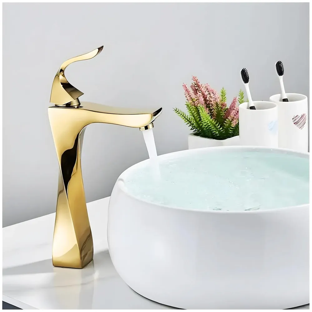 Twist Gold Faucet Tap Mixer Hot and Cold Water Heavy Single Lever Basin Mixer 12 inches with Connector Pipes and Ceramic Cartridge for Bathroom Wash Basins - 30cm x 17 cm Golden