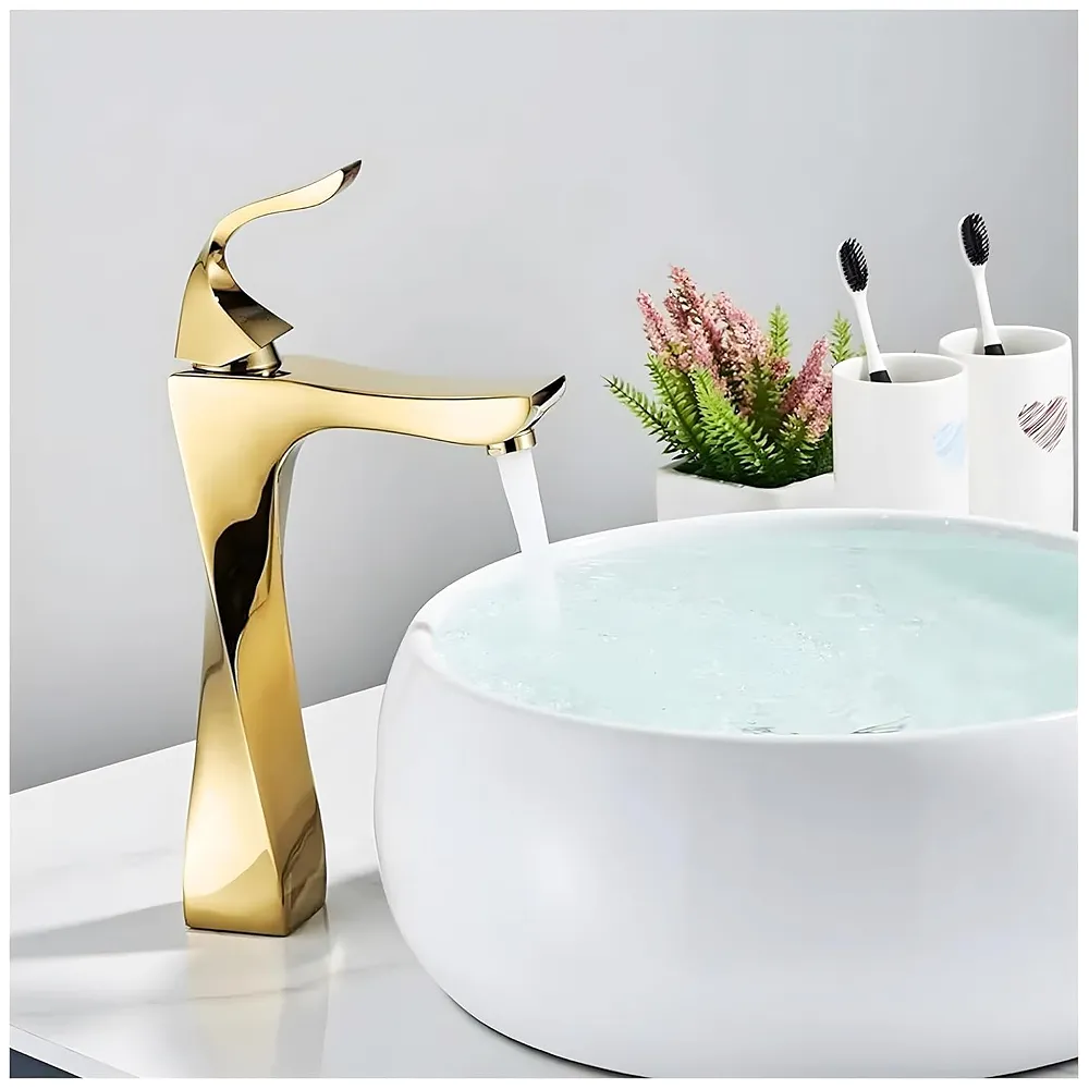 Twist Gold Faucet Tap Mixer Hot and Cold Water Heavy Single Lever Basin Mixer 12 inches with Connector Pipes and Ceramic Cartridge for Bathroom Wash Basins - 30cm x 17 cm Golden