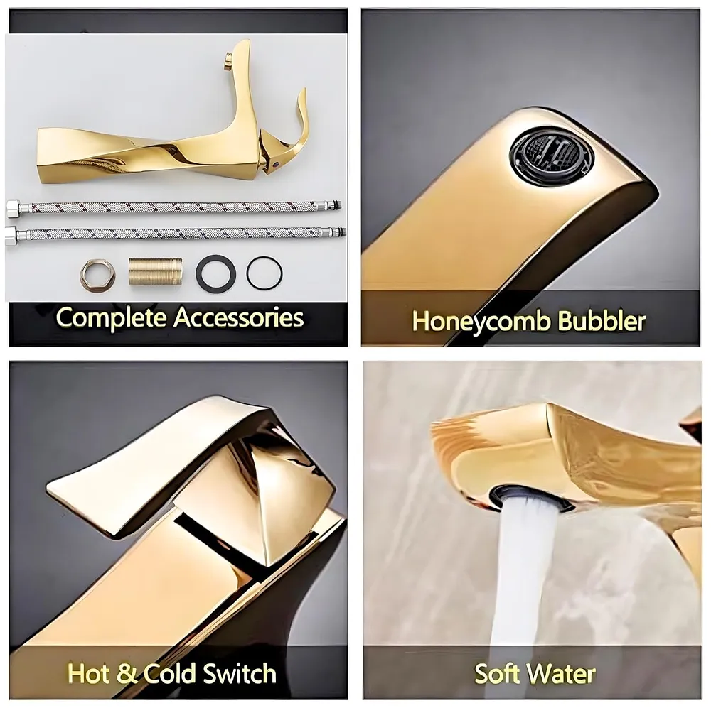 Twist Gold Faucet Tap Mixer Hot and Cold Water Heavy Single Lever Basin Mixer 12 inches with Connector Pipes and Ceramic Cartridge for Bathroom Wash Basins - 30cm x 17 cm Golden