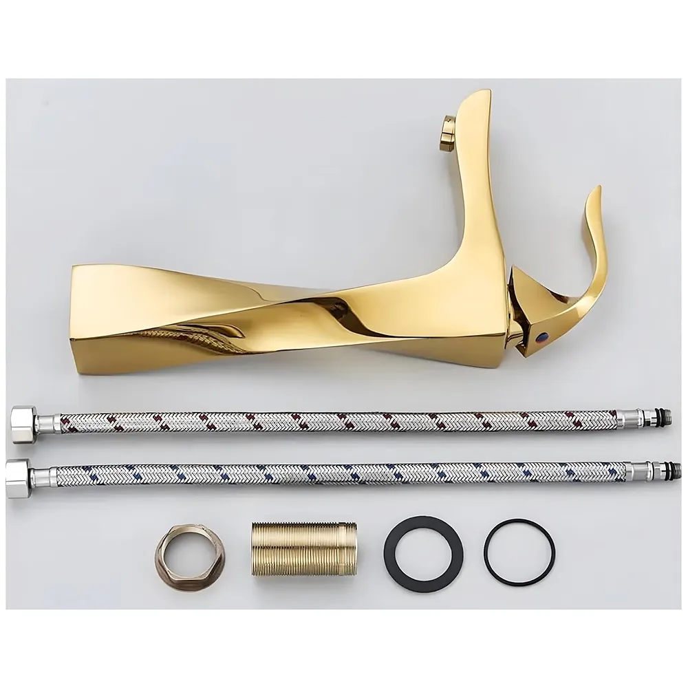 Twist Gold Faucet Tap Mixer Hot and Cold Water Heavy Single Lever Basin Mixer 12 inches with Connector Pipes and Ceramic Cartridge for Bathroom Wash Basins - 30cm x 17 cm Golden