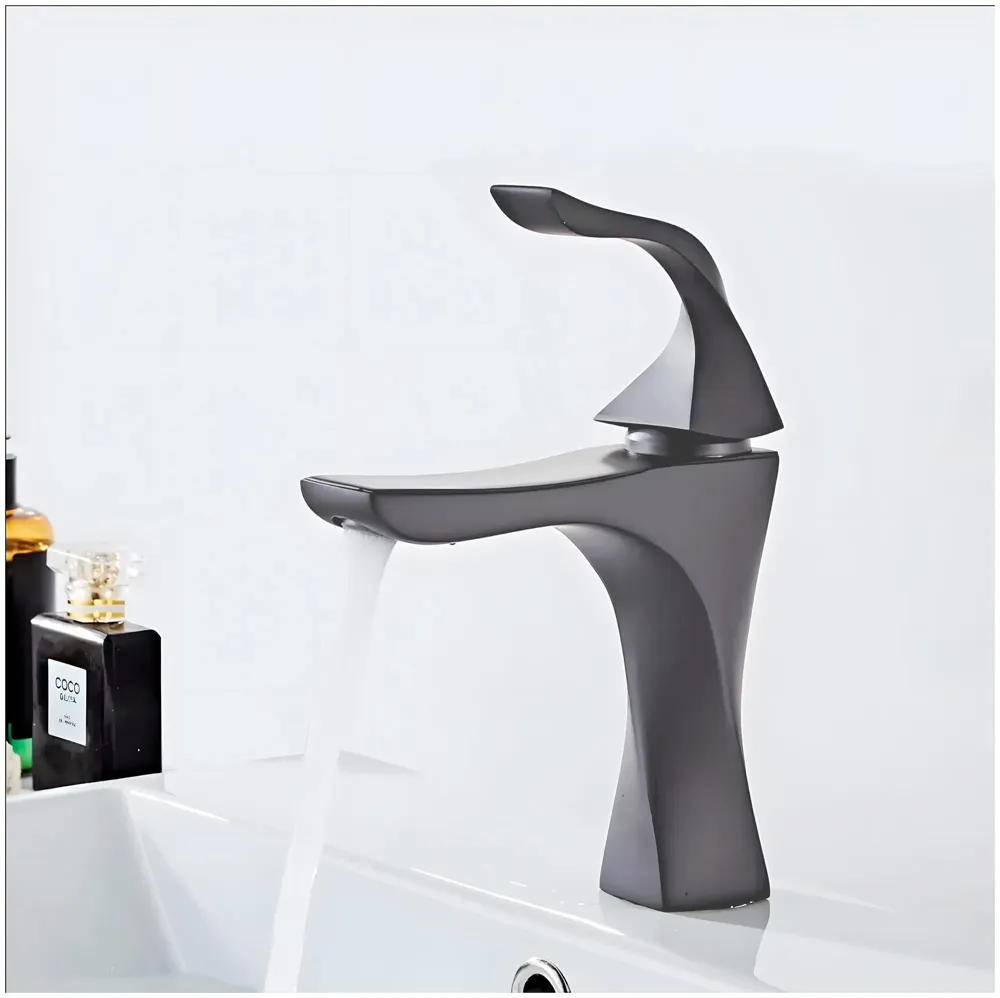 Grey Dark Faucet Tap Mixer Hot and Cold Water Heavy Single Lever Basin Mixer 7 inches with Connector Pipes and Ceramic Cartridge for Bathroom Wash Basins - 22cm x 17cm Grey Twist