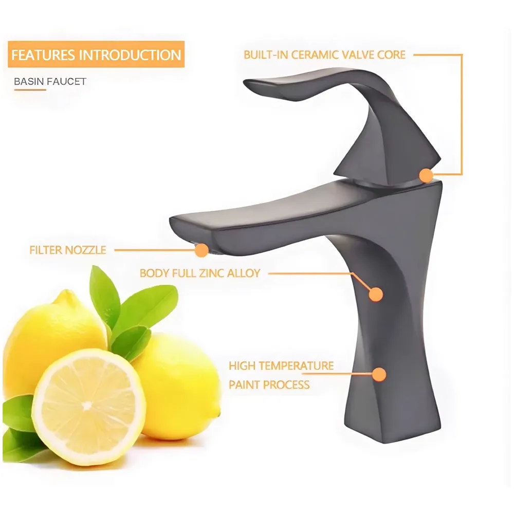 Grey Dark Faucet Tap Mixer Hot and Cold Water Heavy Single Lever Basin Mixer 7 inches with Connector Pipes and Ceramic Cartridge for Bathroom Wash Basins - 22cm x 17cm Grey Twist