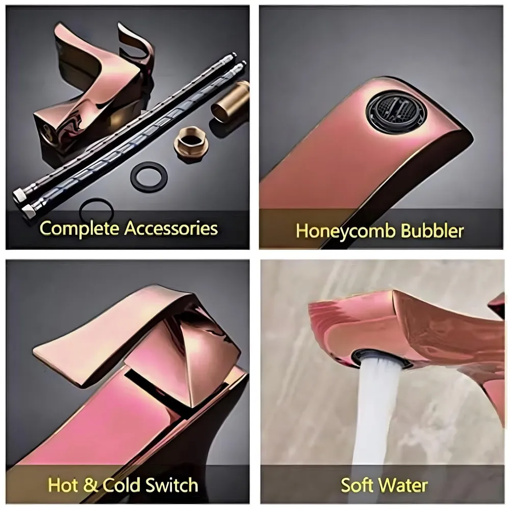 Rose Gold Faucet Tap Mixer Hot and Cold Water Heavy Single Lever Basin Mixer 7 inches with Connector Pipes and Ceramic Cartridge for Bathroom Wash Basins - 22cm x 17cm Golden Twist