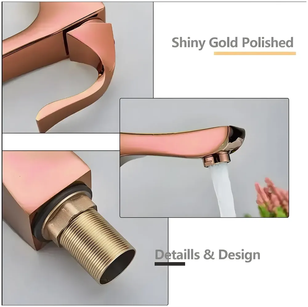 Rose Gold Faucet Tap Mixer Hot and Cold Water Heavy Single Lever Basin Mixer 7 inches with Connector Pipes and Ceramic Cartridge for Bathroom Wash Basins - 22cm x 17cm Golden Twist