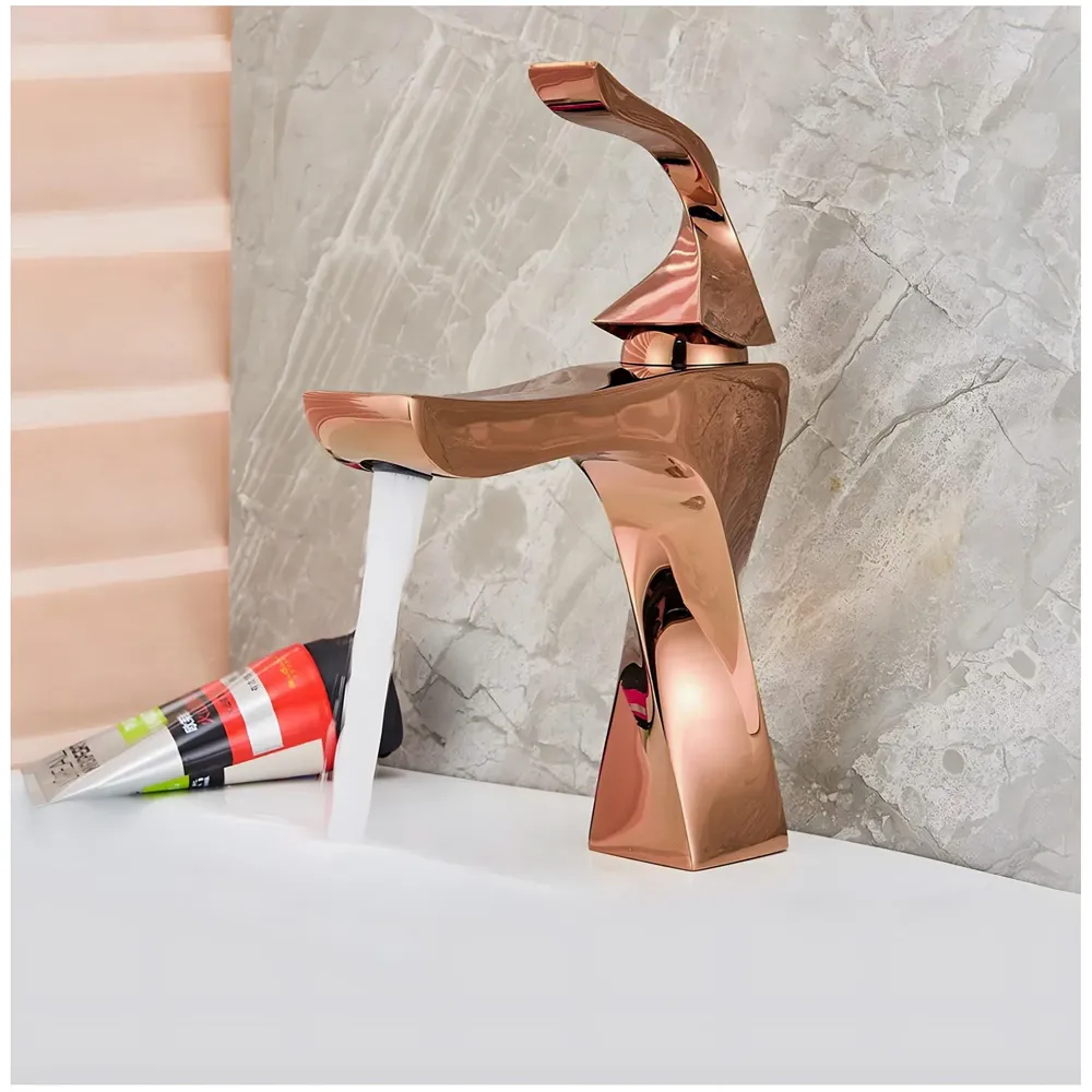 Rose Gold Faucet Tap Mixer Hot and Cold Water Heavy Single Lever Basin Mixer 7 inches with Connector Pipes and Ceramic Cartridge for Bathroom Wash Basins - 22cm x 17cm Golden Twist