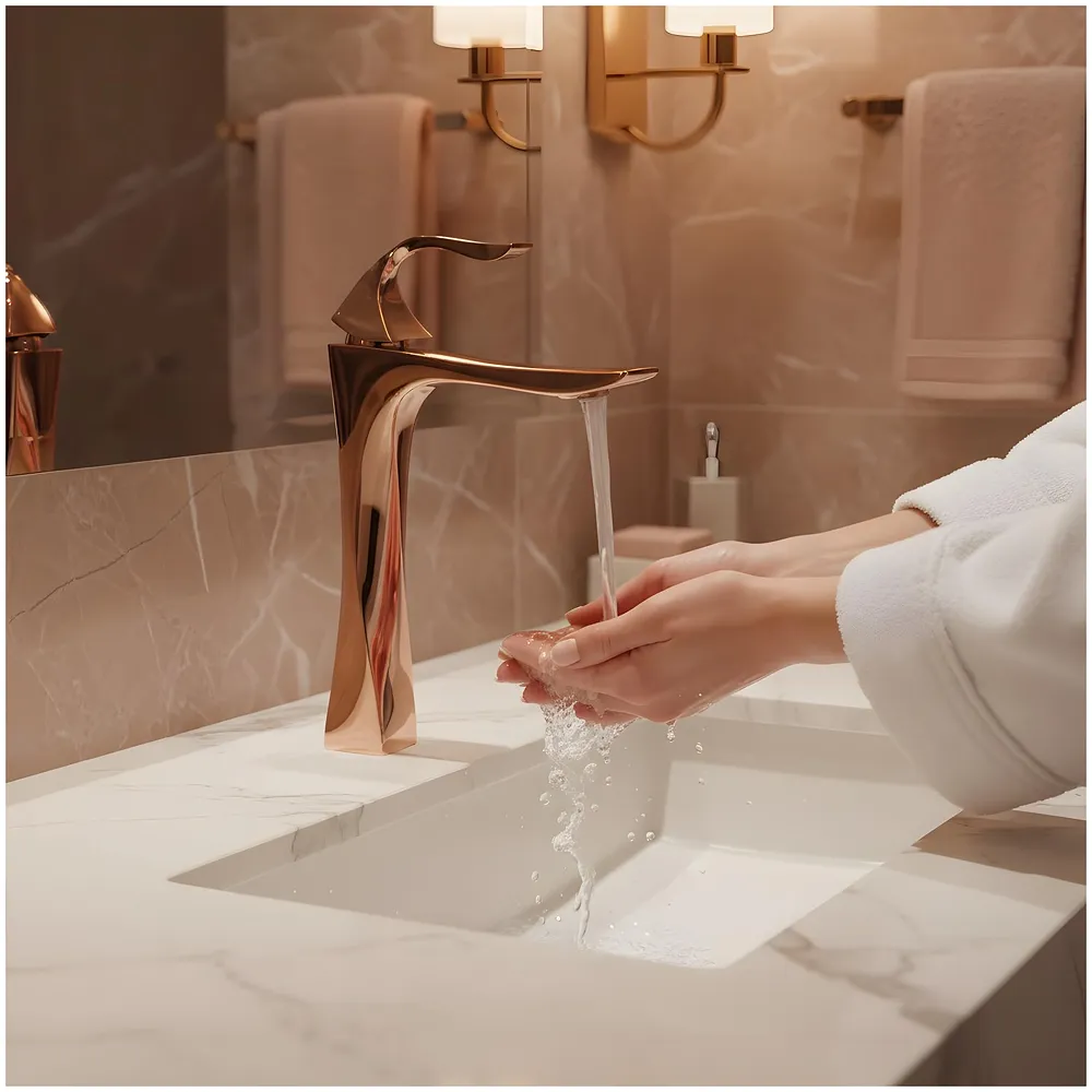 Twist Rose Gold Faucet Tap Mixer Hot and Cold Water Heavy Single Lever Basin Mixer 12 inches with Connector Pipes and Ceramic Cartridge for Bathroom Wash Basins - 34 cm x 17 cm Rosegold